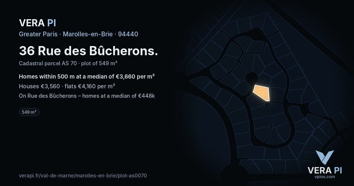 36 Rue des Bûcherons, Marolles-en-Brie at night – the plot lit, the parcels around coloured by the prices near them