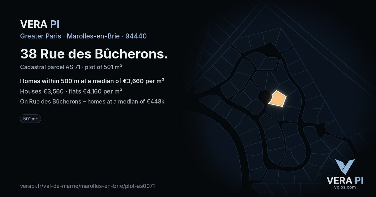 38 Rue des Bûcherons, Marolles-en-Brie at night – the plot lit, the parcels around coloured by the prices near them