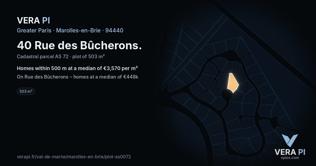 40 Rue des Bûcherons, Marolles-en-Brie at night – the plot lit, the parcels around coloured by the prices near them
