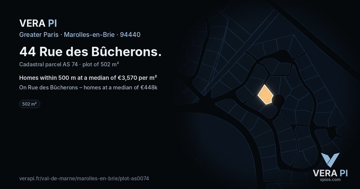 44 Rue des Bûcherons, Marolles-en-Brie at night – the plot lit, the parcels around coloured by the prices near them
