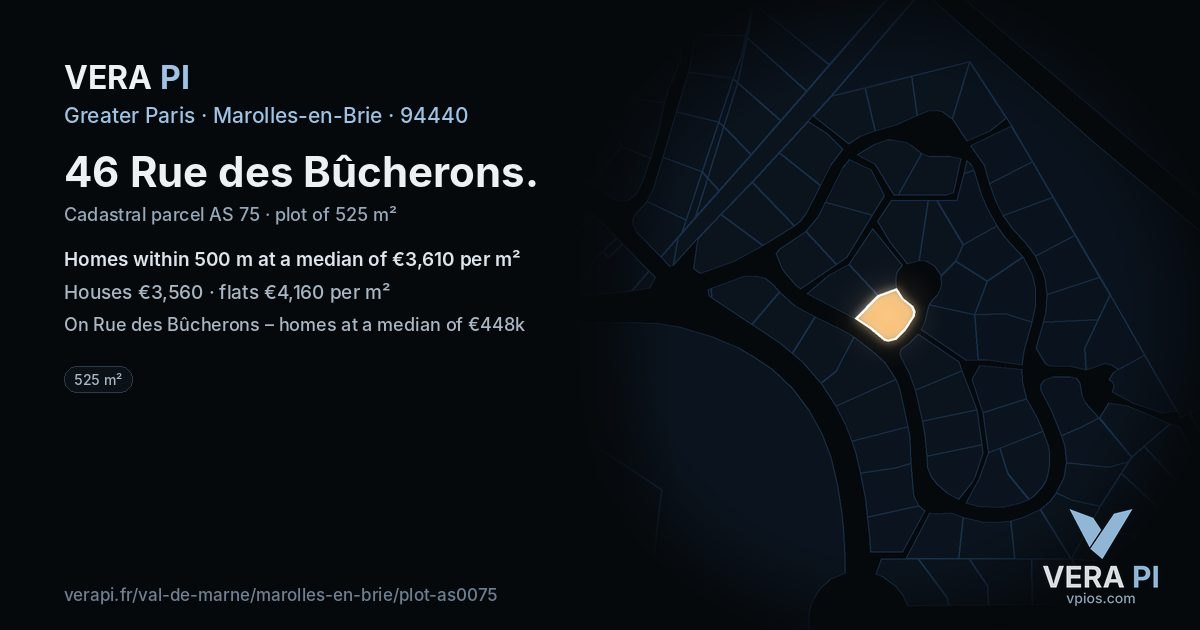 46 Rue des Bûcherons, Marolles-en-Brie at night – the plot lit, the parcels around coloured by the prices near them