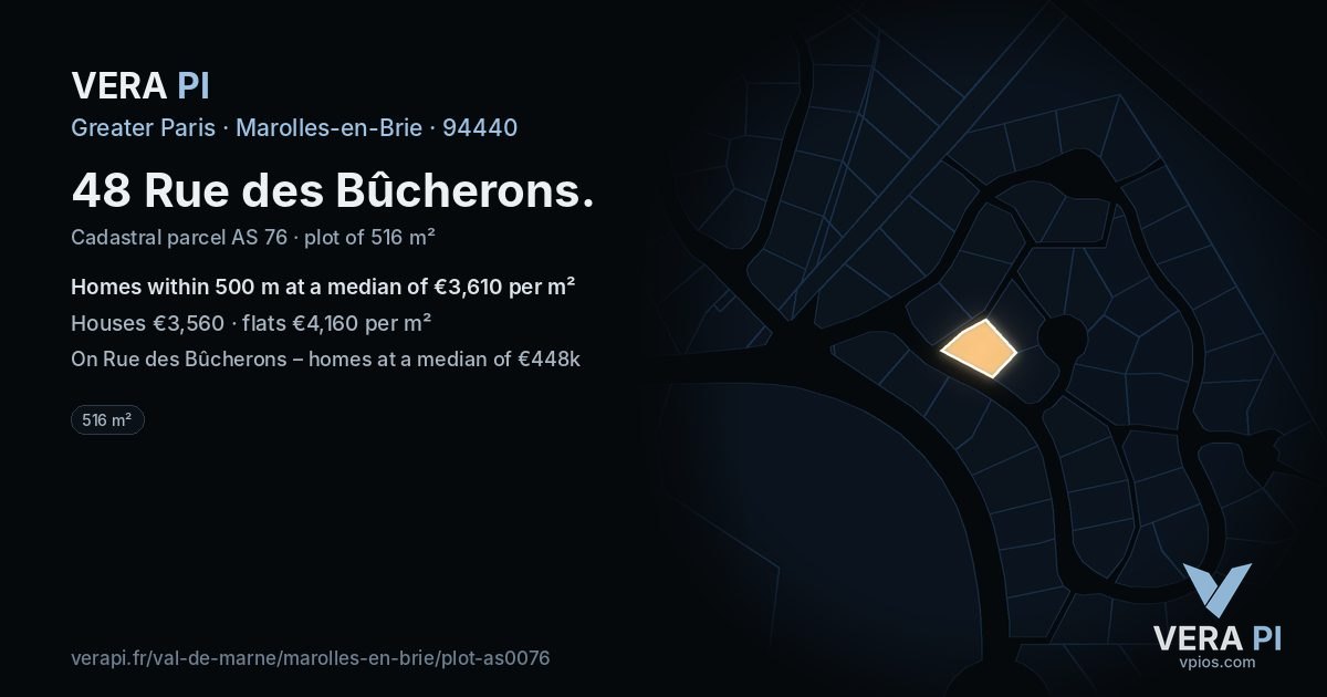 48 Rue des Bûcherons, Marolles-en-Brie at night – the plot lit, the parcels around coloured by the prices near them