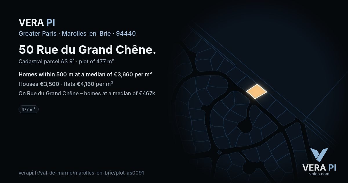 50 Rue du Grand Chêne, Marolles-en-Brie at night – the plot lit, the parcels around coloured by the prices near them