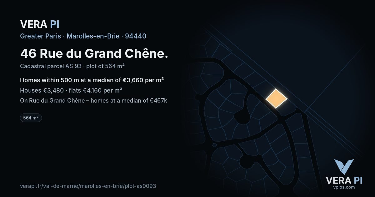 46 Rue du Grand Chêne, Marolles-en-Brie at night – the plot lit, the parcels around coloured by the prices near them