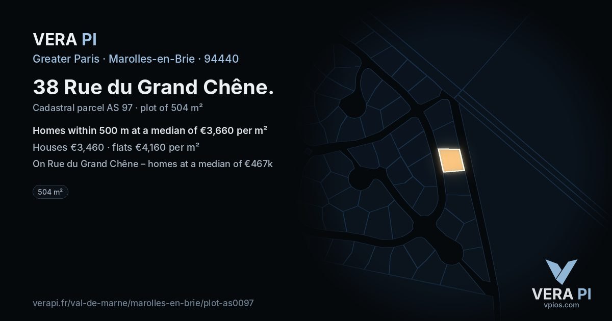 38 Rue du Grand Chêne, Marolles-en-Brie at night – the plot lit, the parcels around coloured by the prices near them