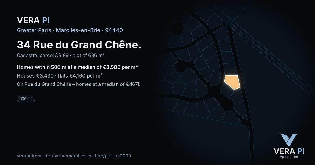 34 Rue du Grand Chêne, Marolles-en-Brie at night – the plot lit, the parcels around coloured by the prices near them