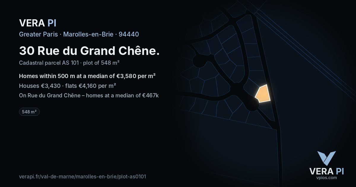 30 Rue du Grand Chêne, Marolles-en-Brie at night – the plot lit, the parcels around coloured by the prices near them