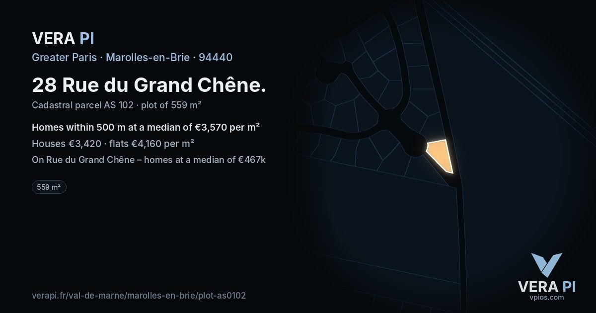 28 Rue du Grand Chêne, Marolles-en-Brie at night – the plot lit, the parcels around coloured by the prices near them