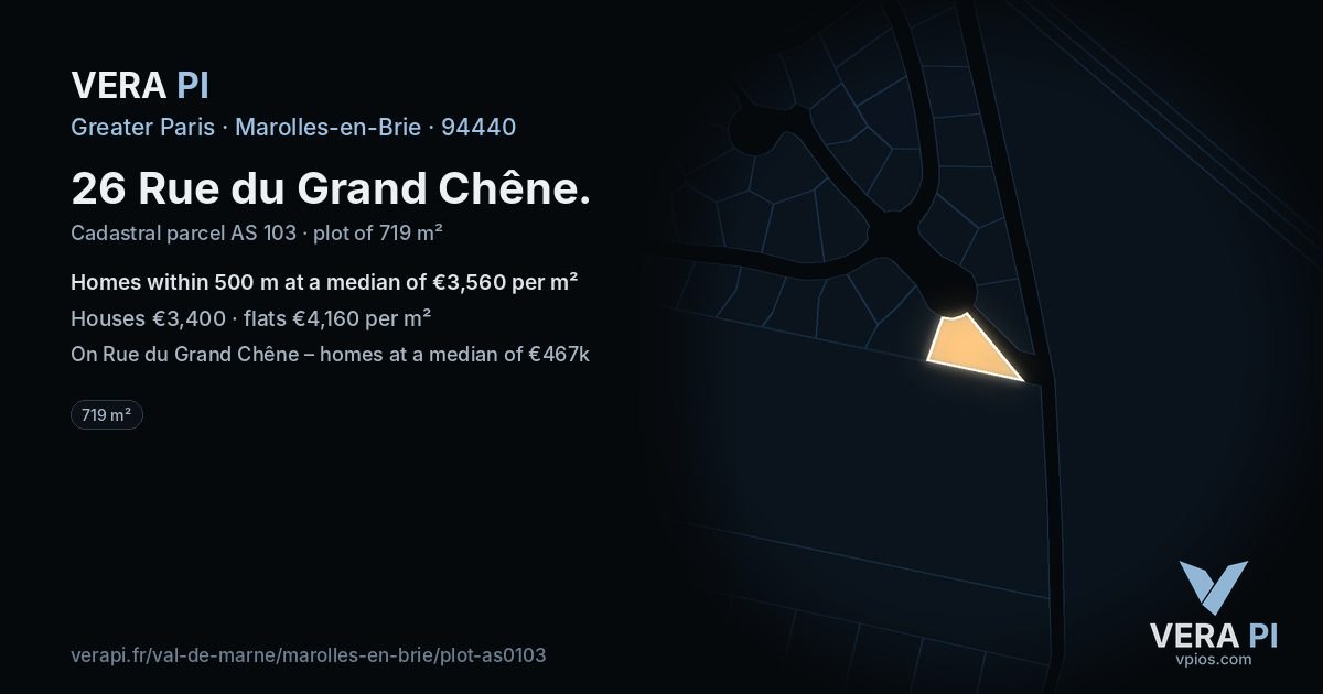 26 Rue du Grand Chêne, Marolles-en-Brie at night – the plot lit, the parcels around coloured by the prices near them