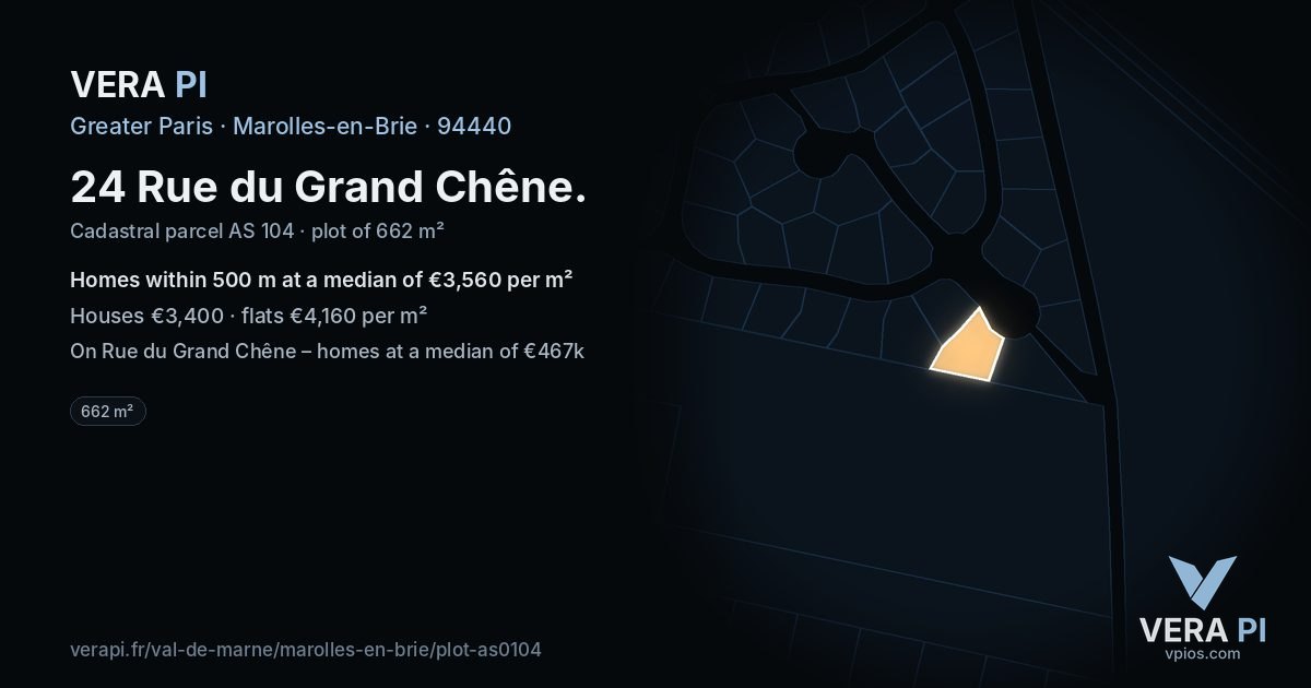 24 Rue du Grand Chêne, Marolles-en-Brie at night – the plot lit, the parcels around coloured by the prices near them