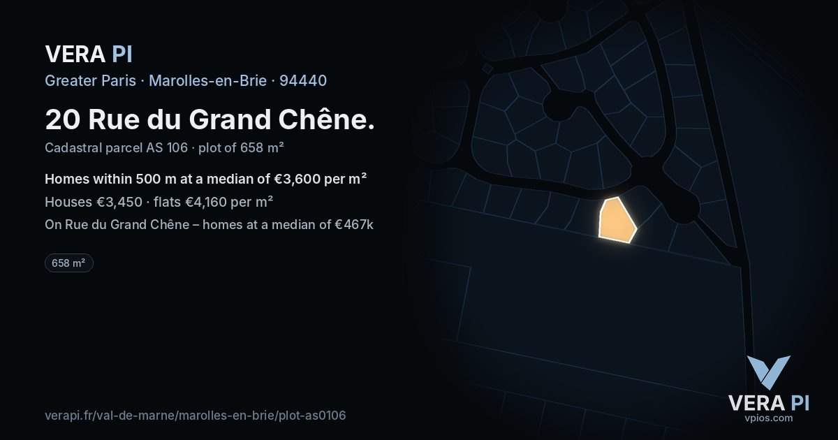 20 Rue du Grand Chêne, Marolles-en-Brie at night – the plot lit, the parcels around coloured by the prices near them