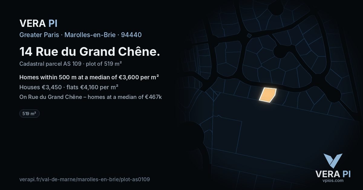 14 Rue du Grand Chêne, Marolles-en-Brie at night – the plot lit, the parcels around coloured by the prices near them