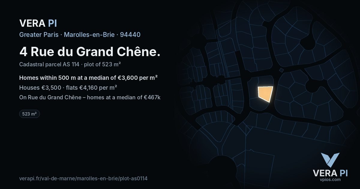 4 Rue du Grand Chêne, Marolles-en-Brie at night – the plot lit, the parcels around coloured by the prices near them