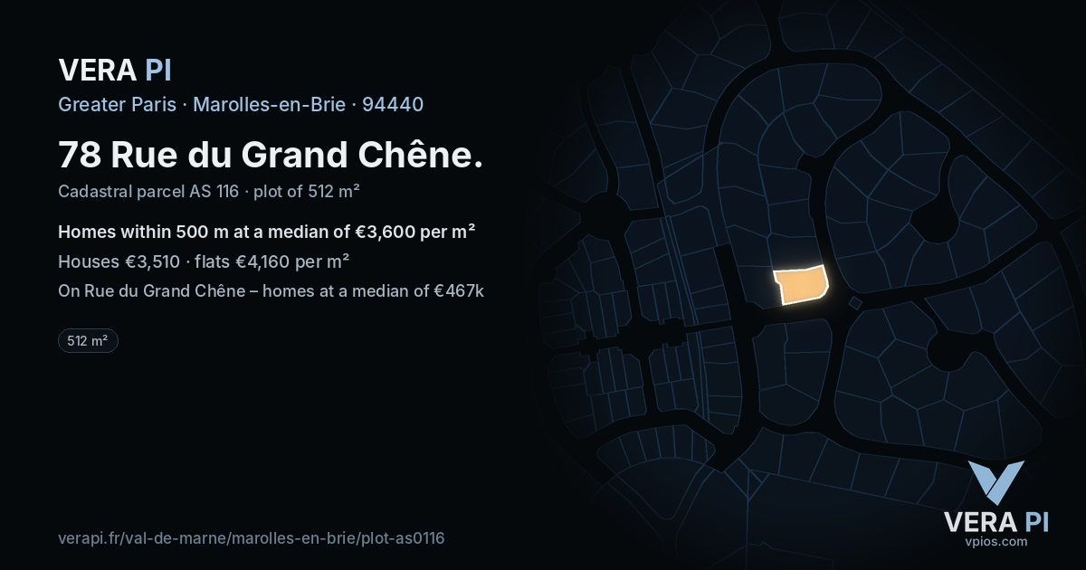 78 Rue du Grand Chêne, Marolles-en-Brie at night – the plot lit, the parcels around coloured by the prices near them