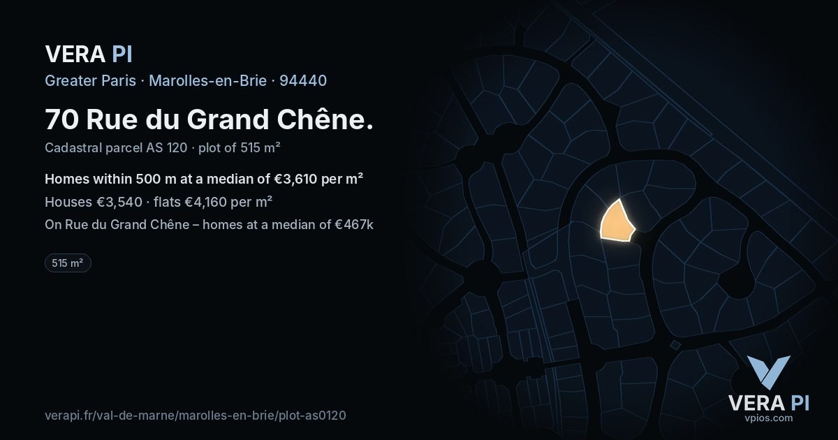 70 Rue du Grand Chêne, Marolles-en-Brie at night – the plot lit, the parcels around coloured by the prices near them
