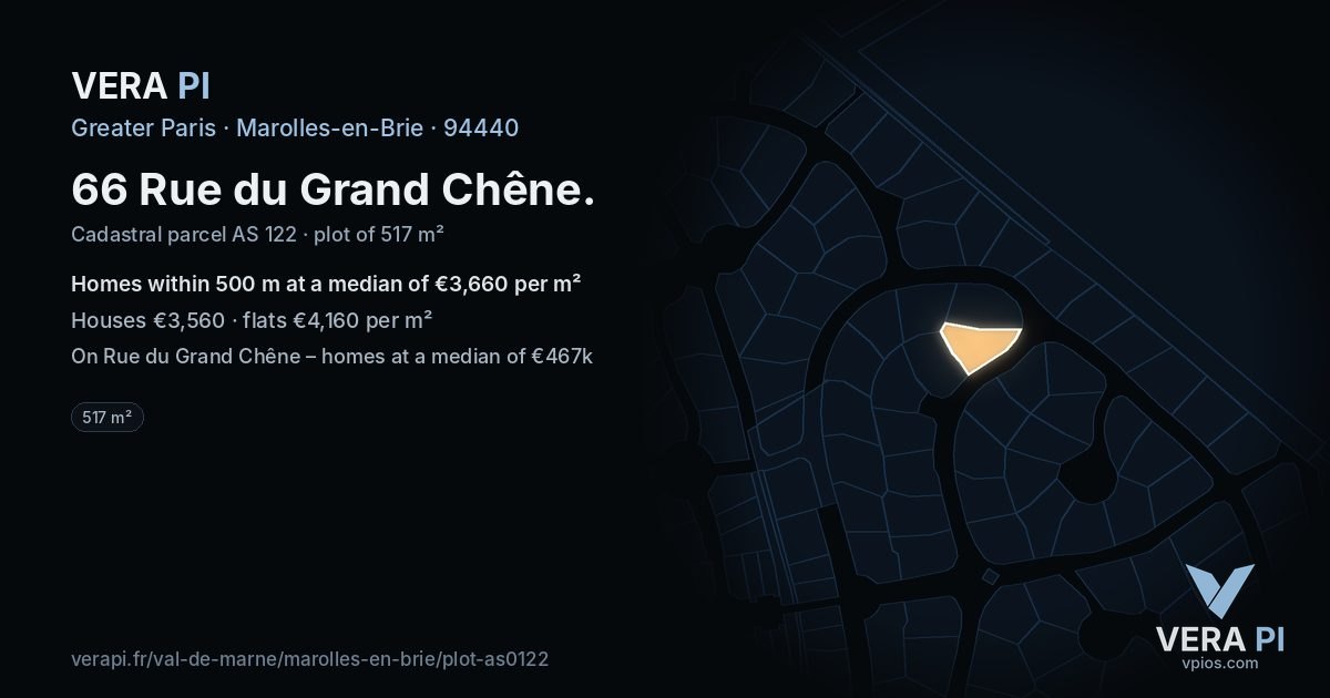 66 Rue du Grand Chêne, Marolles-en-Brie at night – the plot lit, the parcels around coloured by the prices near them