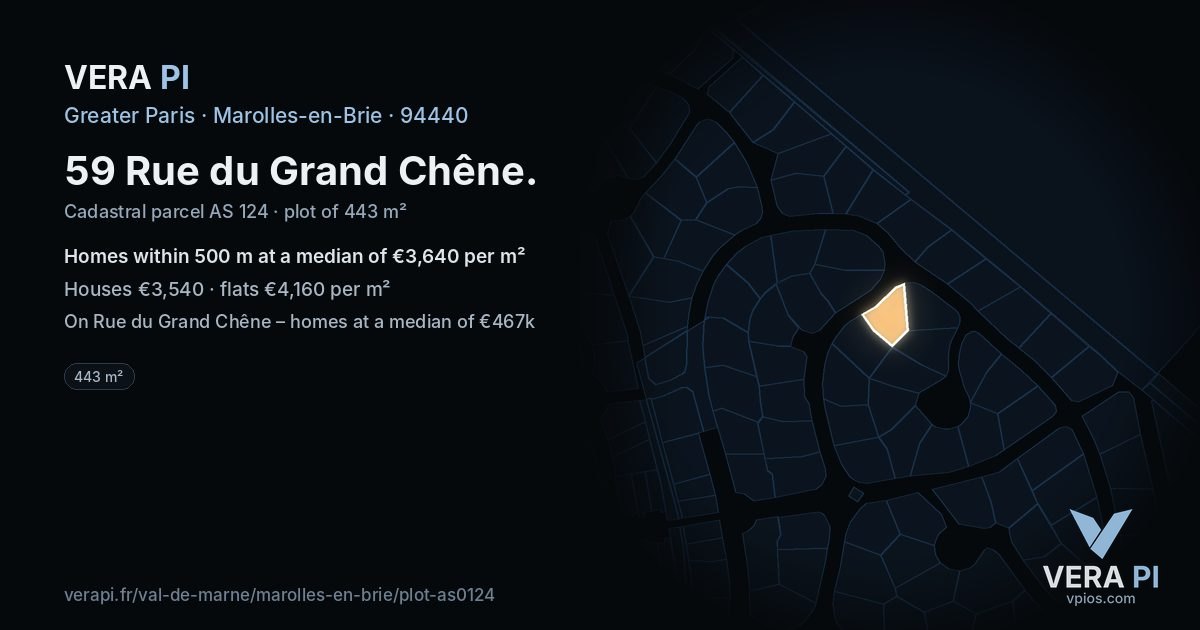 59 Rue du Grand Chêne, Marolles-en-Brie at night – the plot lit, the parcels around coloured by the prices near them