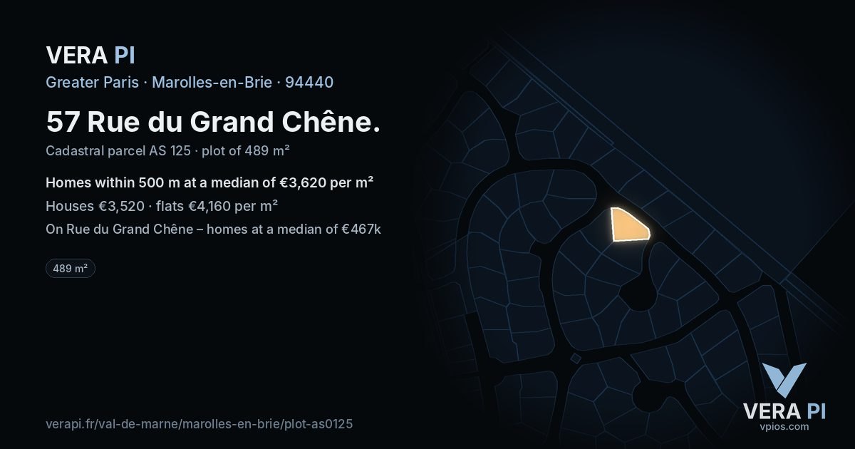 57 Rue du Grand Chêne, Marolles-en-Brie at night – the plot lit, the parcels around coloured by the prices near them