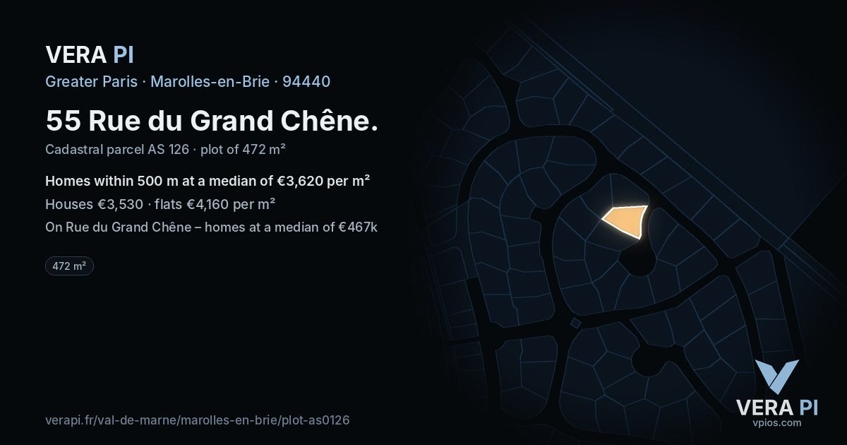 55 Rue du Grand Chêne, Marolles-en-Brie at night – the plot lit, the parcels around coloured by the prices near them