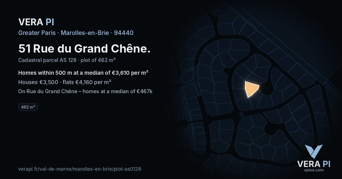 51 Rue du Grand Chêne, Marolles-en-Brie at night – the plot lit, the parcels around coloured by the prices near them