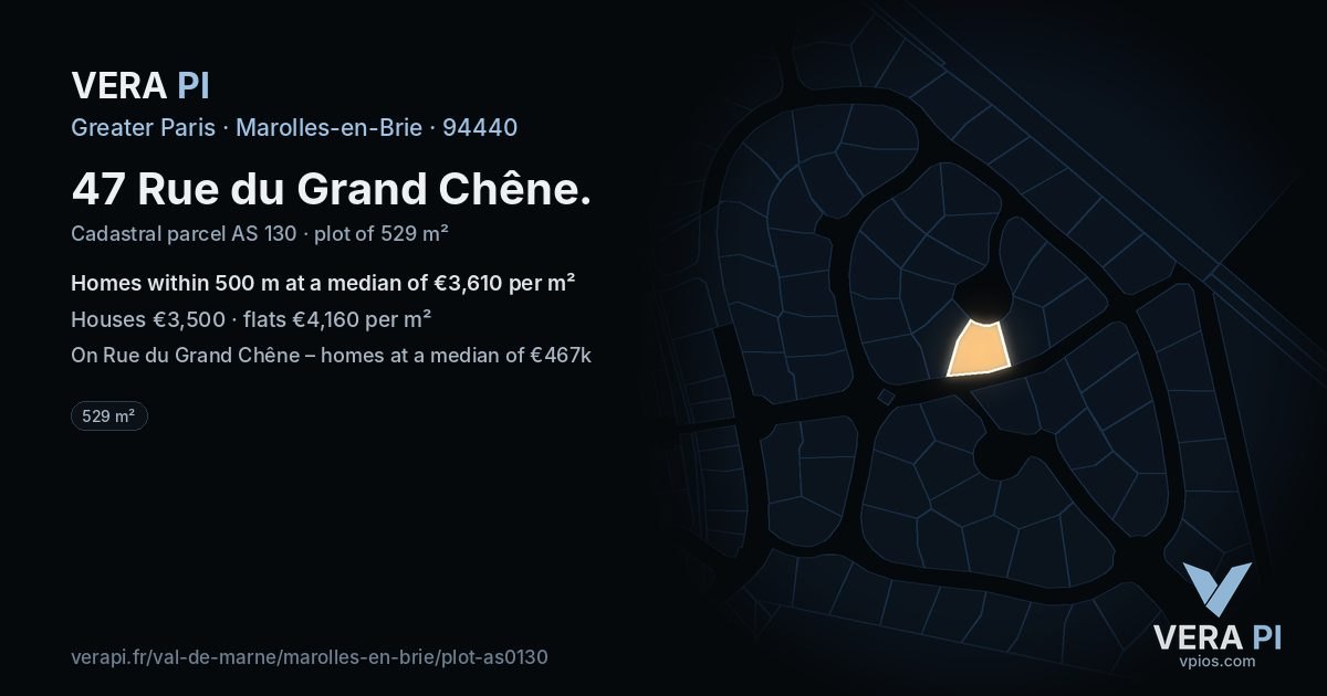 47 Rue du Grand Chêne, Marolles-en-Brie at night – the plot lit, the parcels around coloured by the prices near them