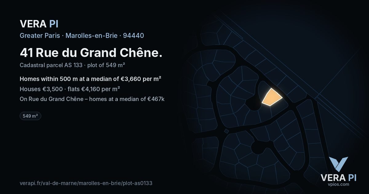 41 Rue du Grand Chêne, Marolles-en-Brie at night – the plot lit, the parcels around coloured by the prices near them