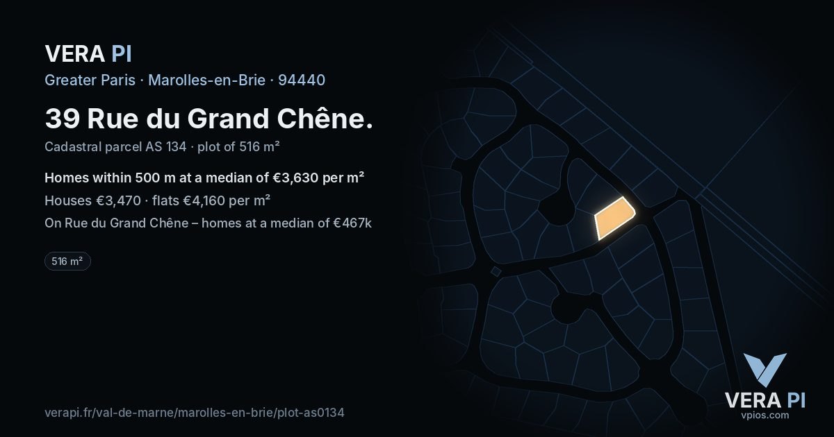39 Rue du Grand Chêne, Marolles-en-Brie at night – the plot lit, the parcels around coloured by the prices near them