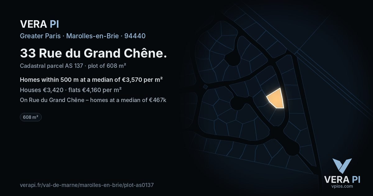 33 Rue du Grand Chêne, Marolles-en-Brie at night – the plot lit, the parcels around coloured by the prices near them