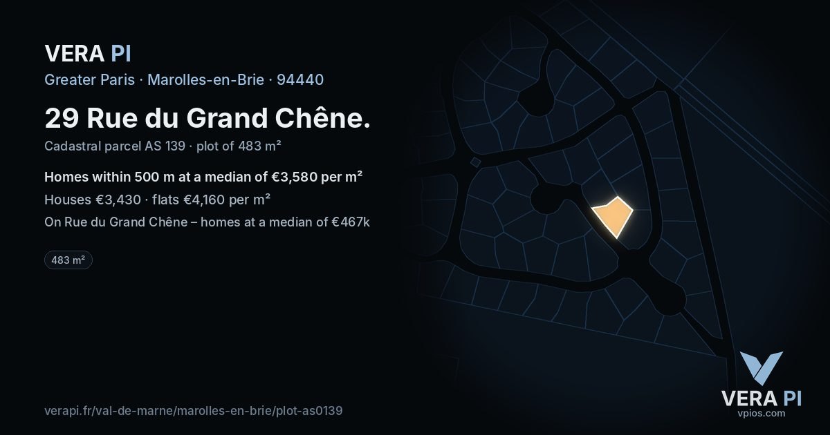 29 Rue du Grand Chêne, Marolles-en-Brie at night – the plot lit, the parcels around coloured by the prices near them