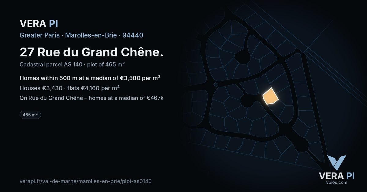 27 Rue du Grand Chêne, Marolles-en-Brie at night – the plot lit, the parcels around coloured by the prices near them
