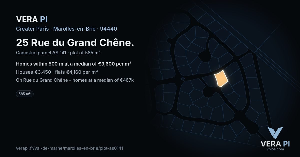 25 Rue du Grand Chêne, Marolles-en-Brie at night – the plot lit, the parcels around coloured by the prices near them