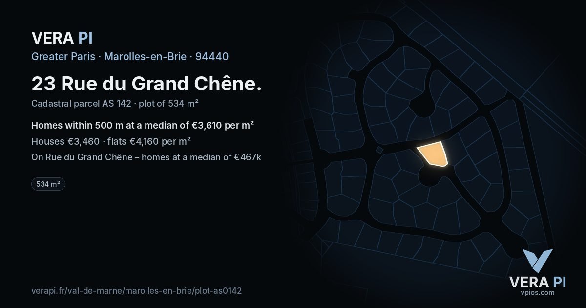 23 Rue du Grand Chêne, Marolles-en-Brie at night – the plot lit, the parcels around coloured by the prices near them