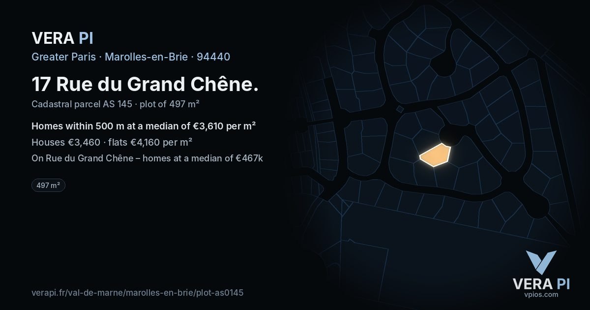 17 Rue du Grand Chêne, Marolles-en-Brie at night – the plot lit, the parcels around coloured by the prices near them