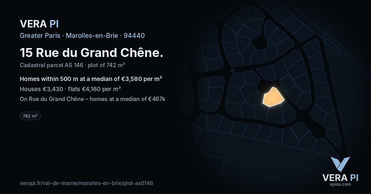 15 Rue du Grand Chêne, Marolles-en-Brie at night – the plot lit, the parcels around coloured by the prices near them