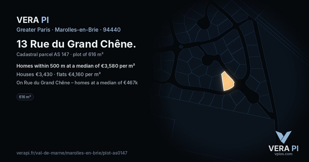 13 Rue du Grand Chêne, Marolles-en-Brie at night – the plot lit, the parcels around coloured by the prices near them