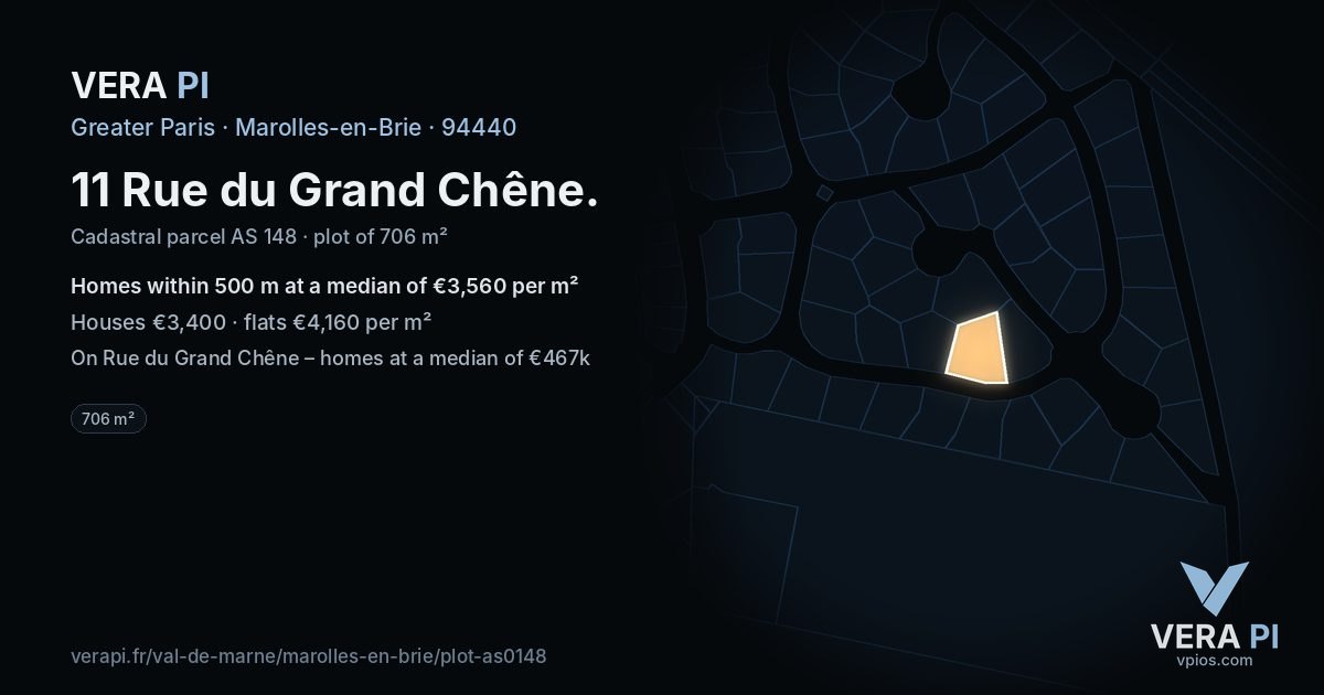 11 Rue du Grand Chêne, Marolles-en-Brie at night – the plot lit, the parcels around coloured by the prices near them