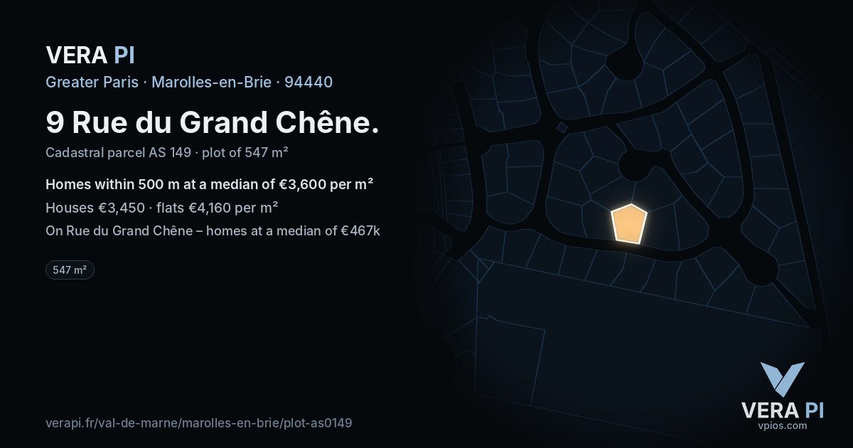 9 Rue du Grand Chêne, Marolles-en-Brie at night – the plot lit, the parcels around coloured by the prices near them