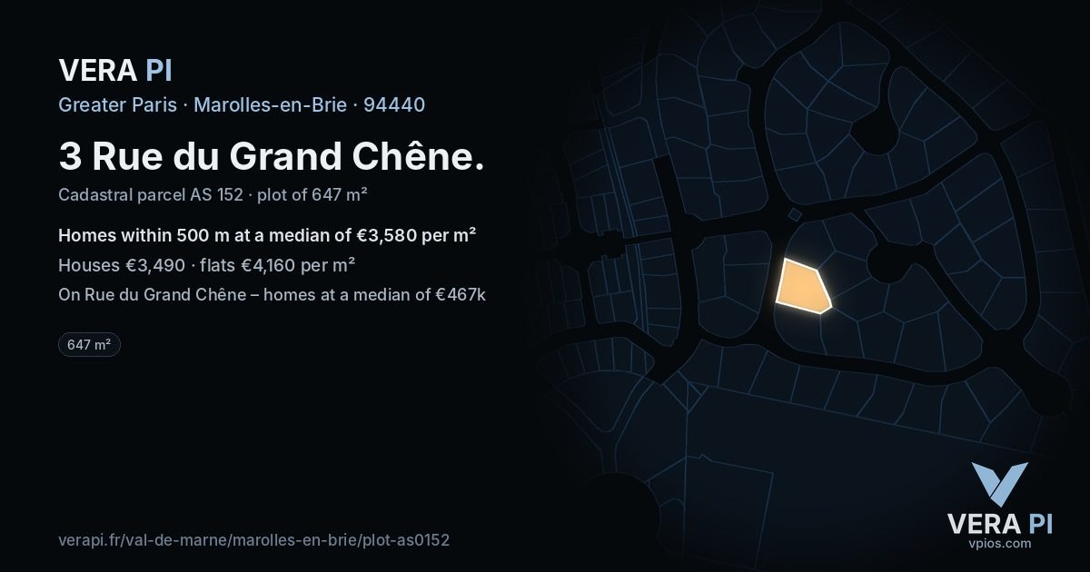 3 Rue du Grand Chêne, Marolles-en-Brie at night – the plot lit, the parcels around coloured by the prices near them