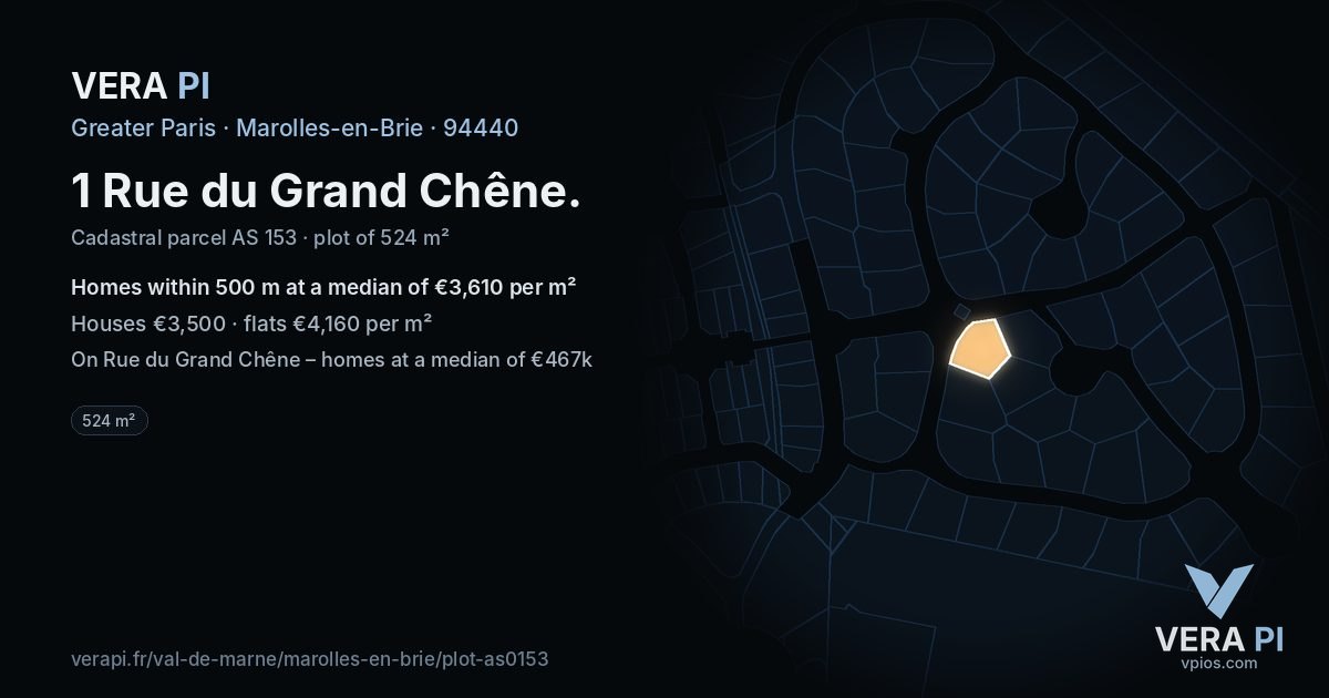 1 Rue du Grand Chêne, Marolles-en-Brie at night – the plot lit, the parcels around coloured by the prices near them