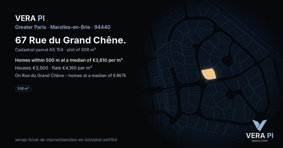 67 Rue du Grand Chêne, Marolles-en-Brie at night – the plot lit, the parcels around coloured by the prices near them
