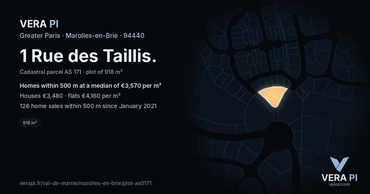 1 Rue des Taillis, Marolles-en-Brie at night – the plot lit, the parcels around coloured by the prices near them
