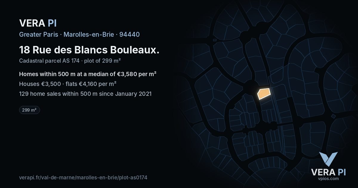 18 Rue des Blancs Bouleaux, Marolles-en-Brie at night – the plot lit, the parcels around coloured by the prices near them