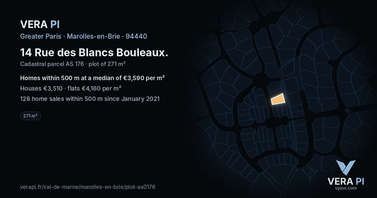 14 Rue des Blancs Bouleaux, Marolles-en-Brie at night – the plot lit, the parcels around coloured by the prices near them