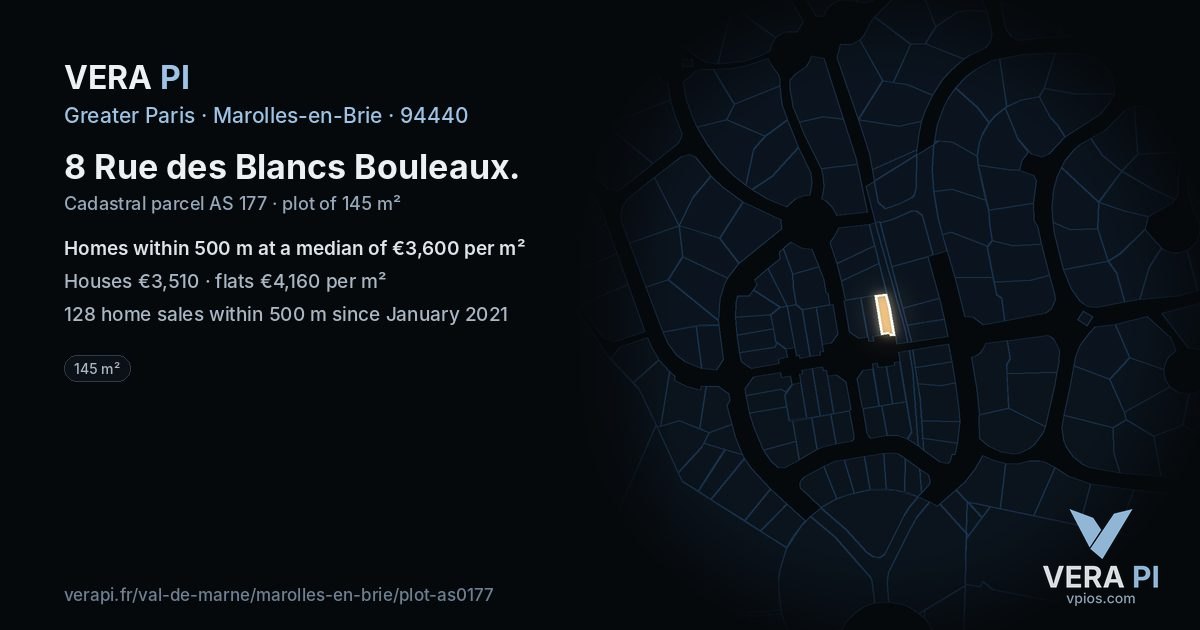 8 Rue des Blancs Bouleaux, Marolles-en-Brie at night – the plot lit, the parcels around coloured by the prices near them