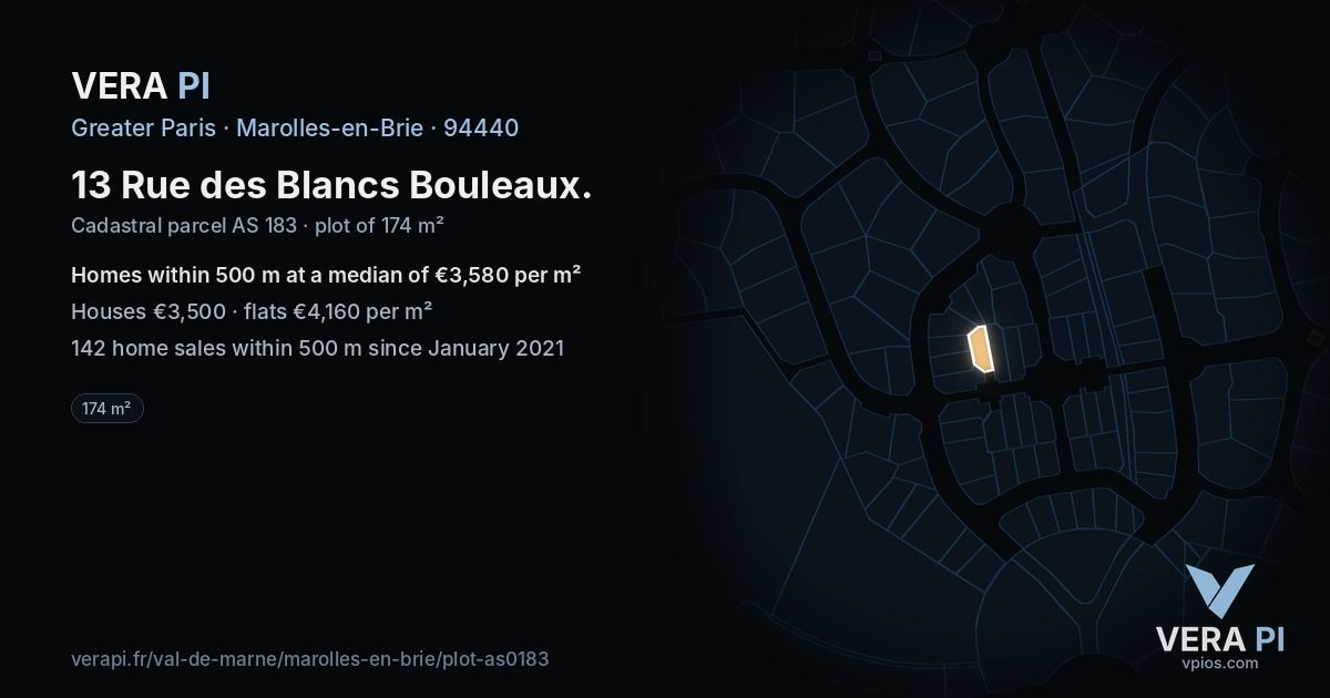 13 Rue des Blancs Bouleaux, Marolles-en-Brie at night – the plot lit, the parcels around coloured by the prices near them