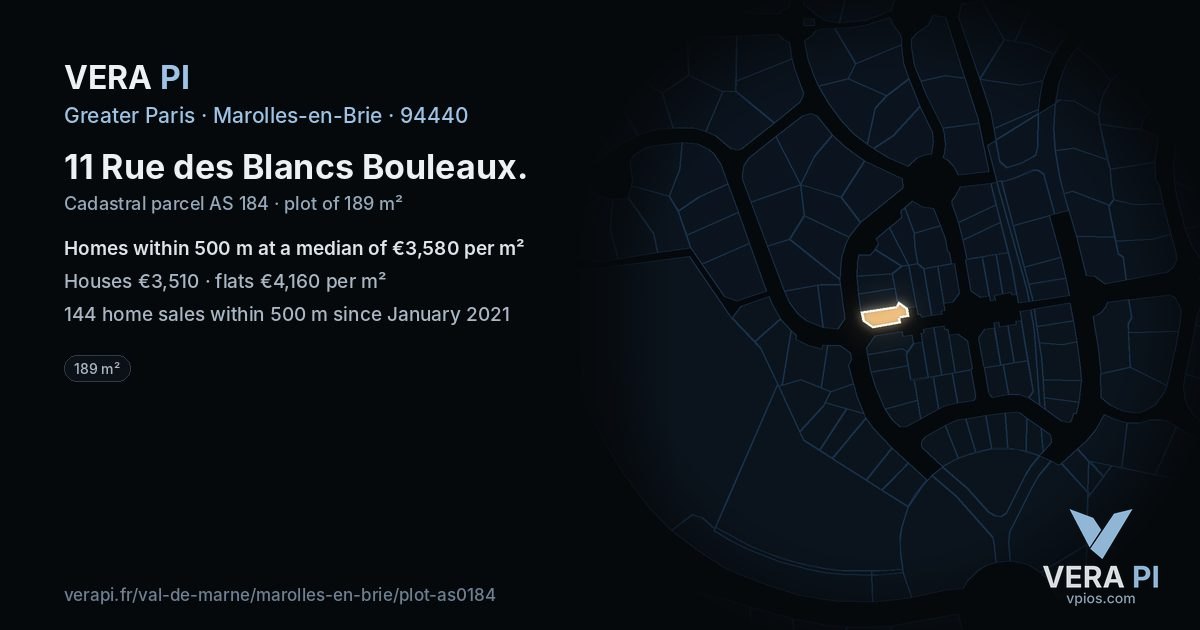 11 Rue des Blancs Bouleaux, Marolles-en-Brie at night – the plot lit, the parcels around coloured by the prices near them