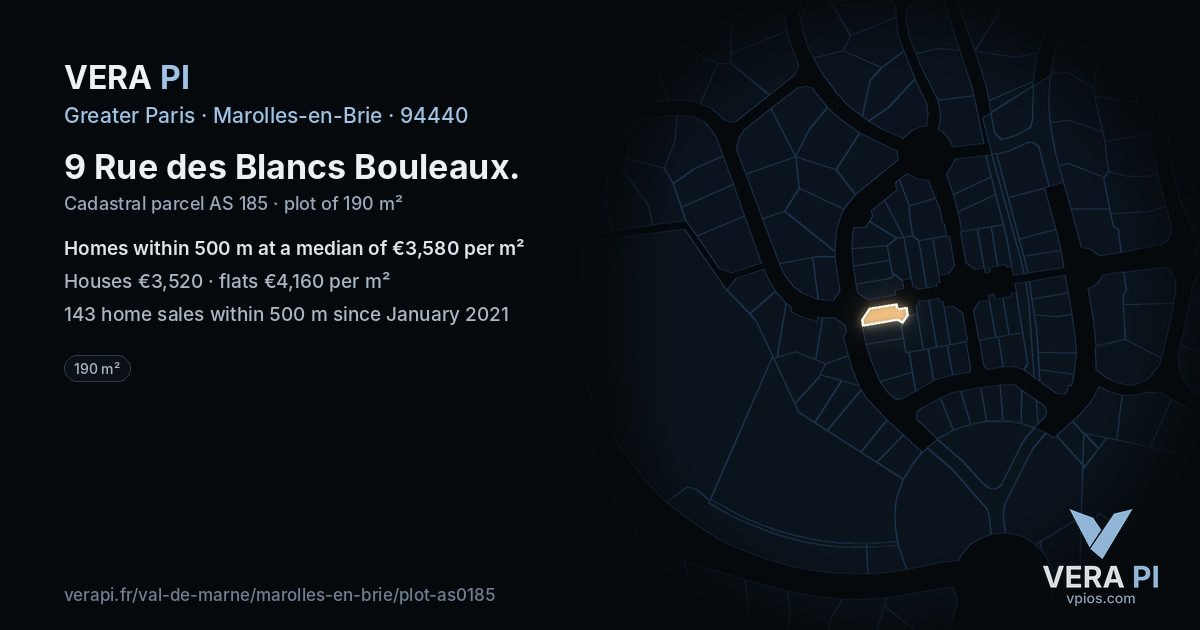 9 Rue des Blancs Bouleaux, Marolles-en-Brie at night – the plot lit, the parcels around coloured by the prices near them