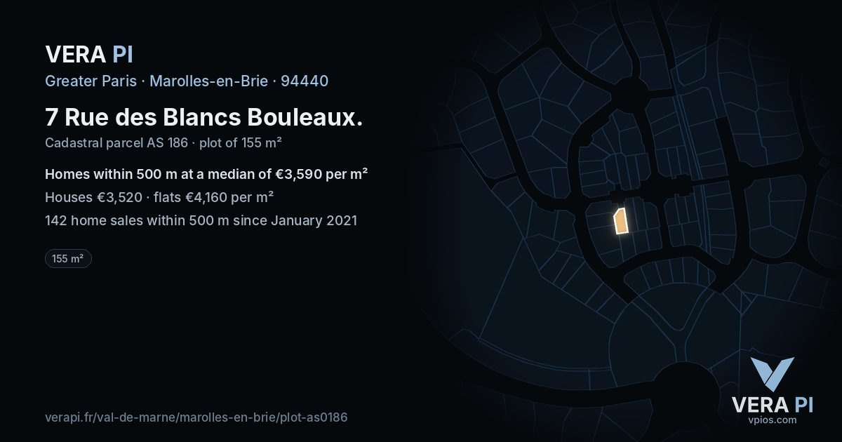 7 Rue des Blancs Bouleaux, Marolles-en-Brie at night – the plot lit, the parcels around coloured by the prices near them