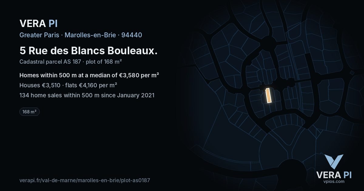 5 Rue des Blancs Bouleaux, Marolles-en-Brie at night – the plot lit, the parcels around coloured by the prices near them