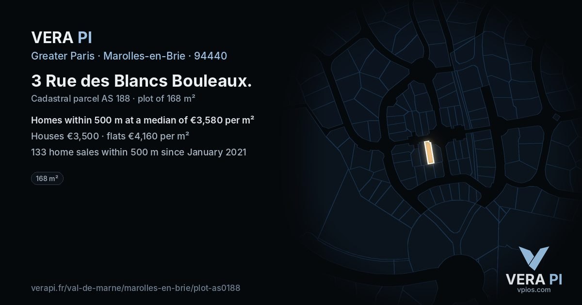 3 Rue des Blancs Bouleaux, Marolles-en-Brie at night – the plot lit, the parcels around coloured by the prices near them
